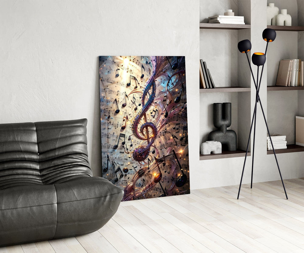 a glowing treble clef among music notes glass wall art leaning beside a dark leather sofa
