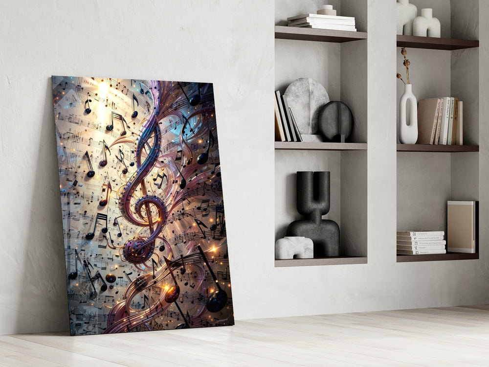 a glowing treble clef among music notes panel resting in a shelving niche in a modern interior