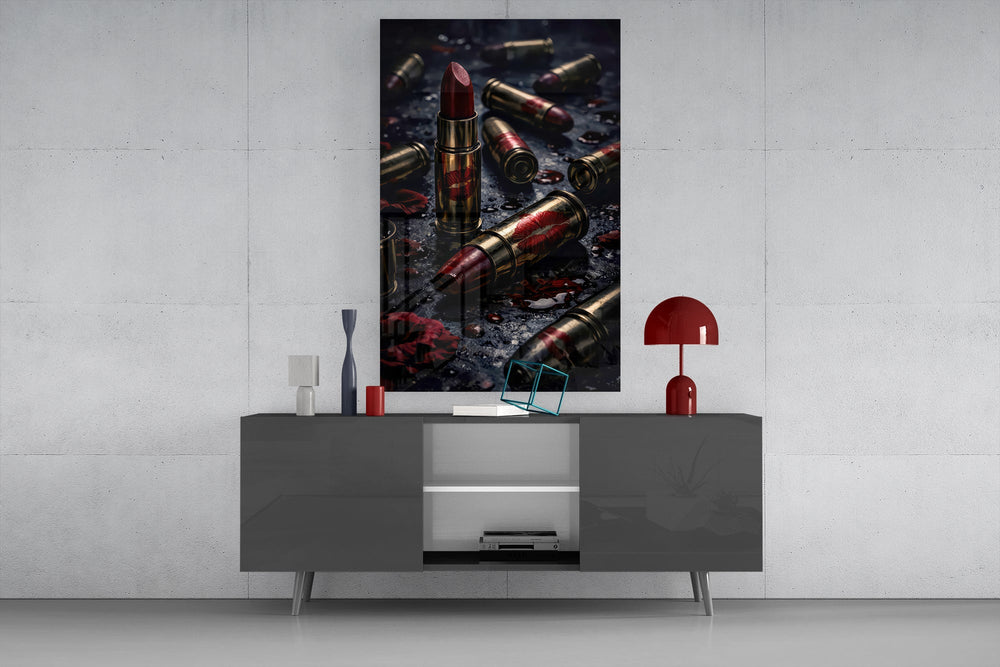 red lipstick among brass bullet casings glass wall art displayed above a console in a designer interior