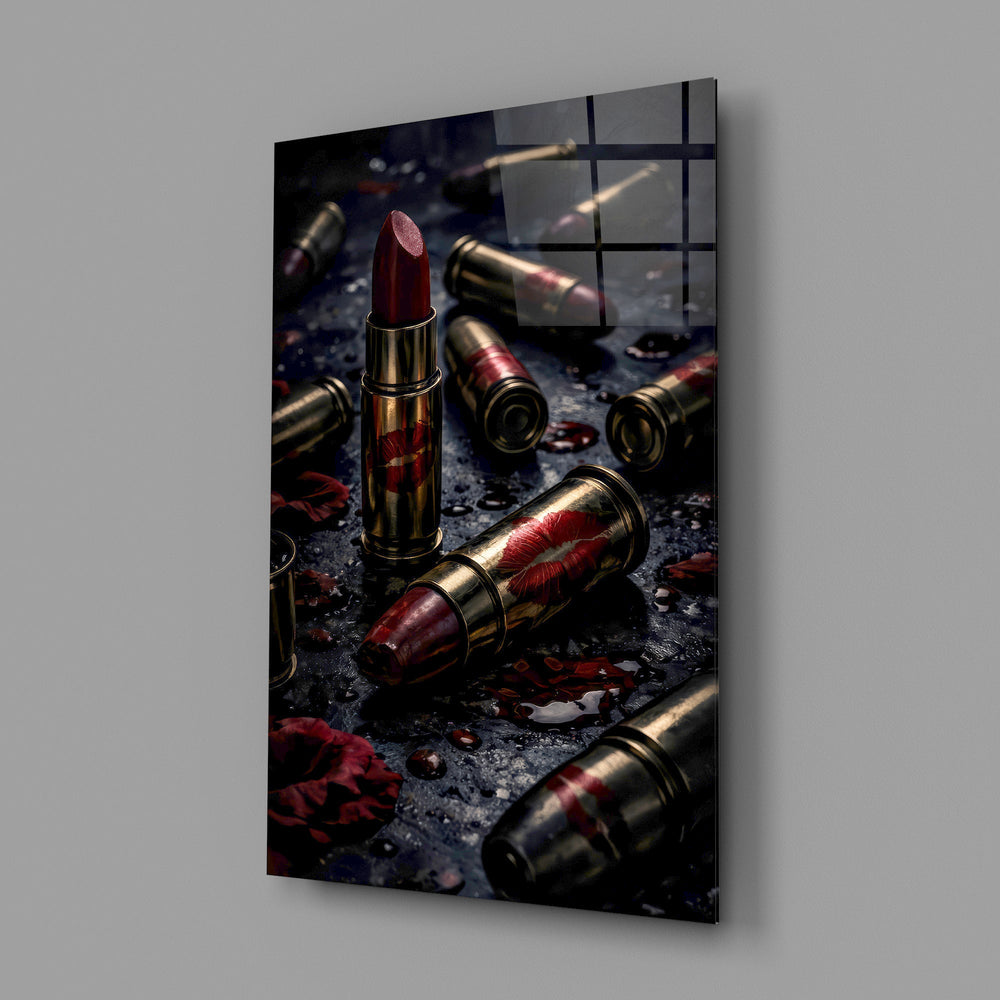 red lipstick among brass bullet casings glass wall art angled to show the polished tempered glass panel