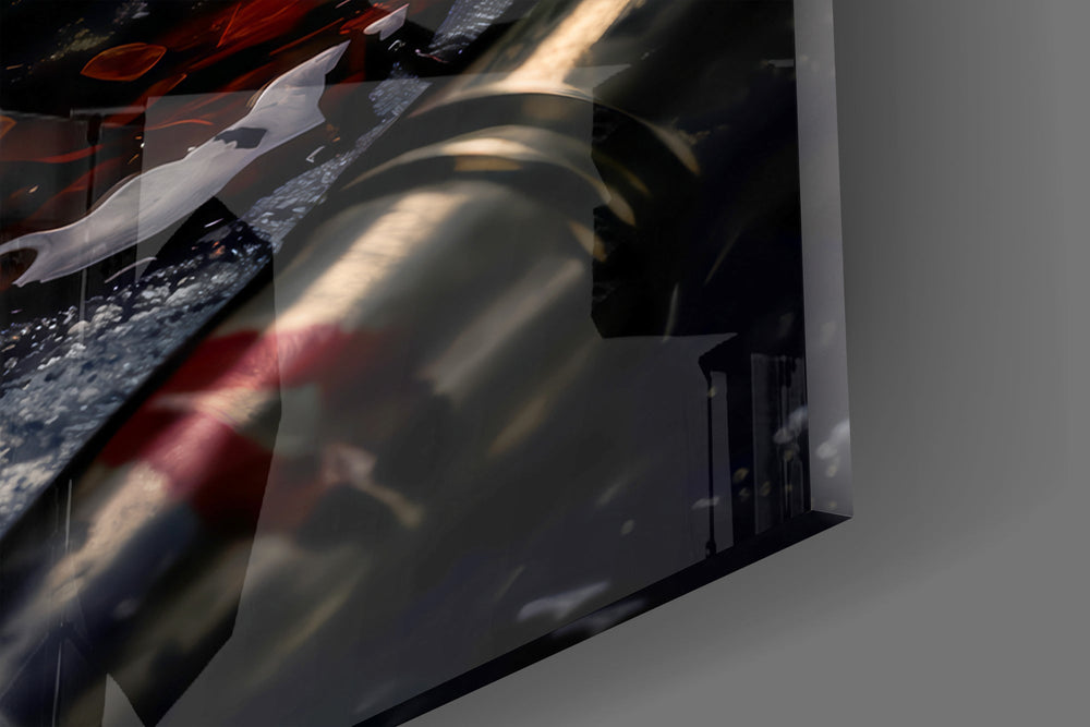 Close-up detail of the crimson kiss marks pressed onto the brass shells on the glass surface