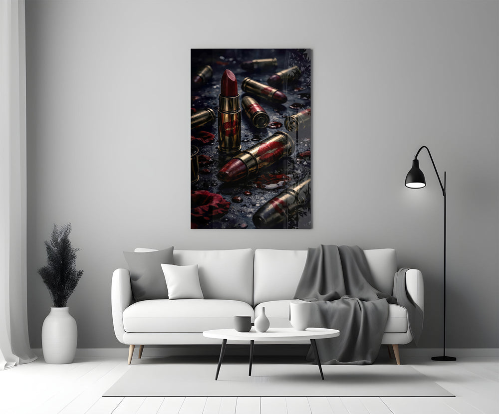 red lipstick among brass bullet casings panel bringing character to a minimalist living room wall