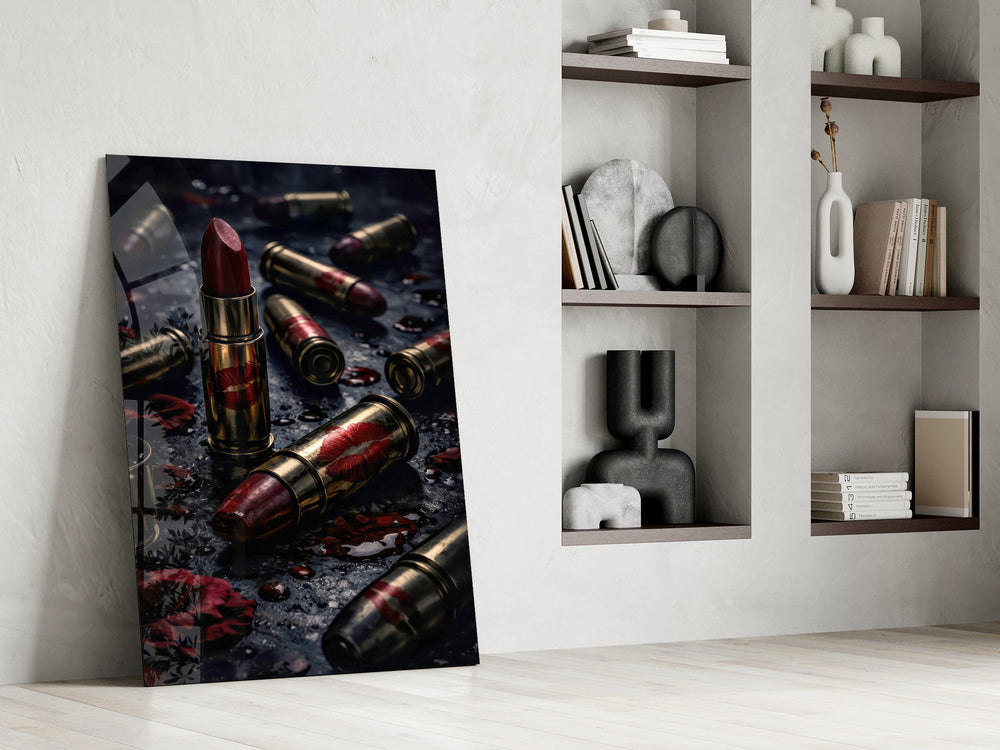 red lipstick among brass bullet casings panel resting in a shelving niche in a modern interior