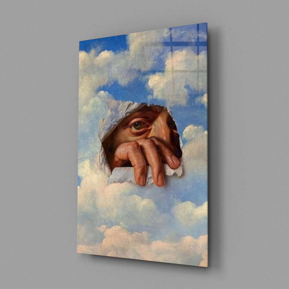 an eye and hand breaking through a painted sky glass wall art angled to show the polished tempered glass panel
