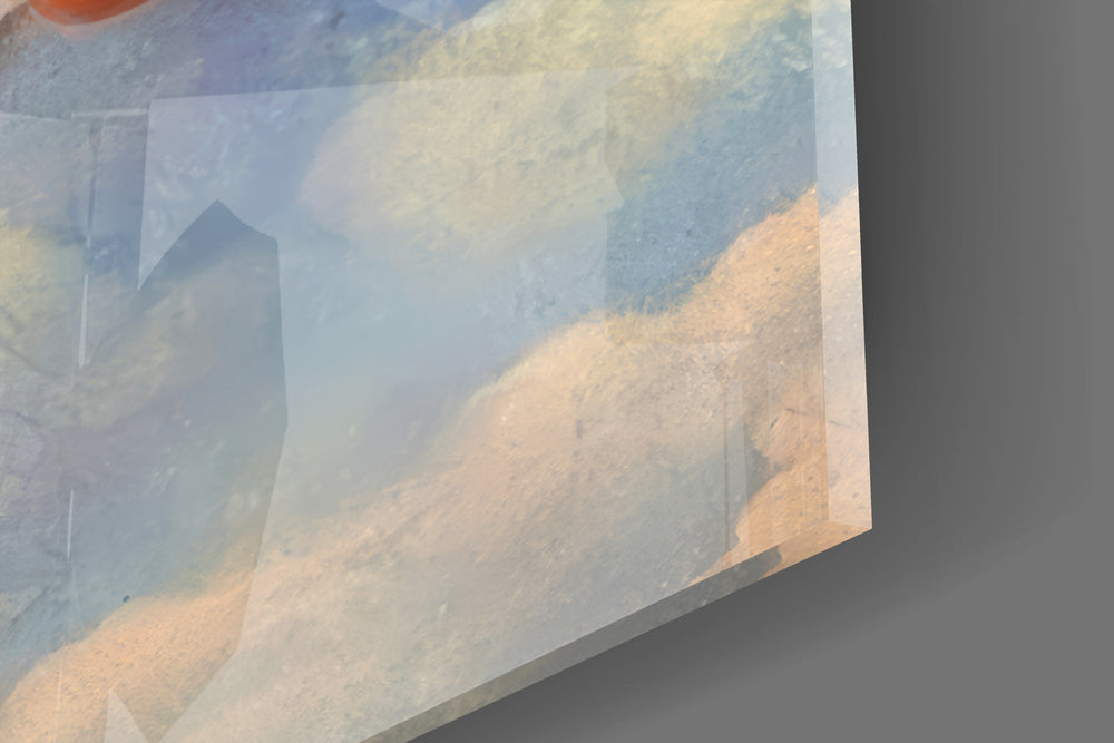 Close-up detail of the ragged tear in the canvas and the weeping eye behind it on the glass surface