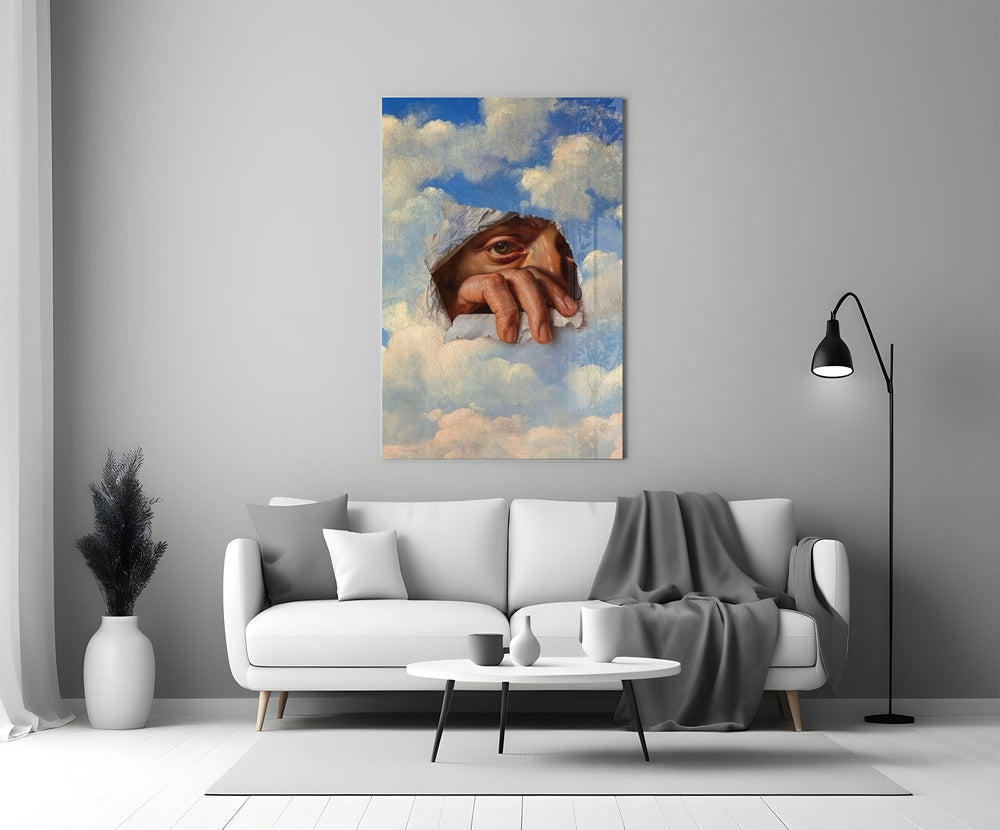 an eye and hand breaking through a painted sky panel bringing character to a minimalist living room wall