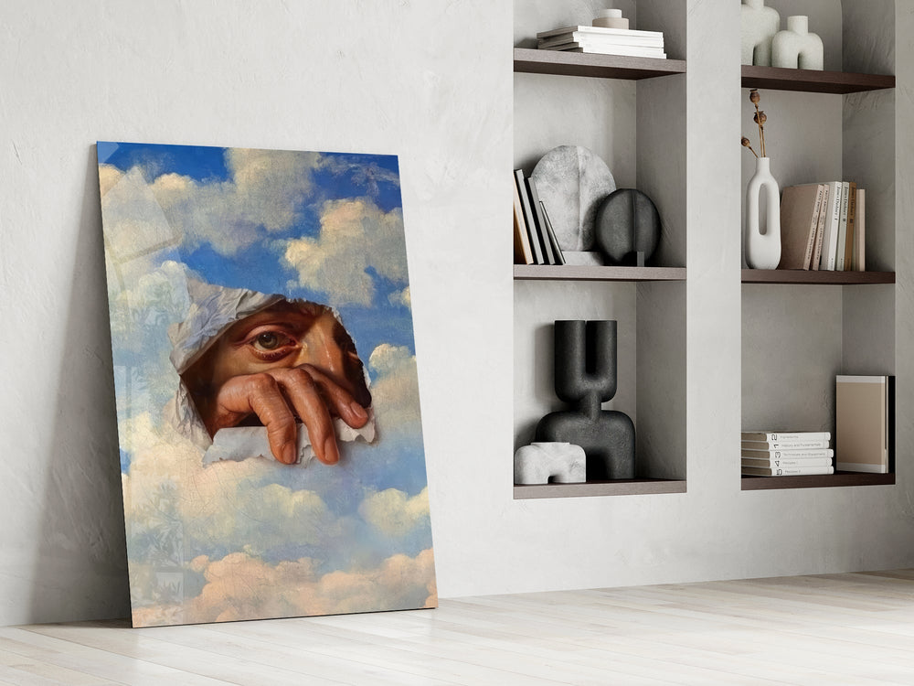 an eye and hand breaking through a painted sky panel resting in a shelving niche in a modern interior
