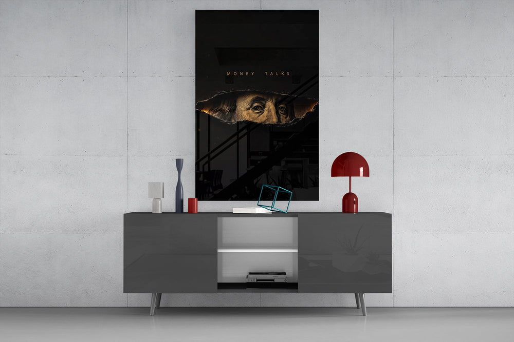 money talks torn dollar bill eyes glass wall art displayed above a console in a designer interior
