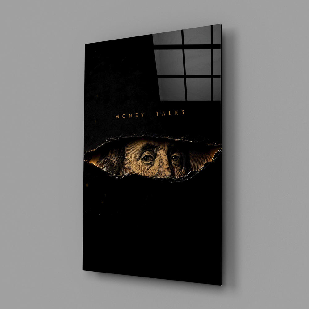 money talks torn dollar bill eyes glass wall art angled to show the polished tempered glass panel