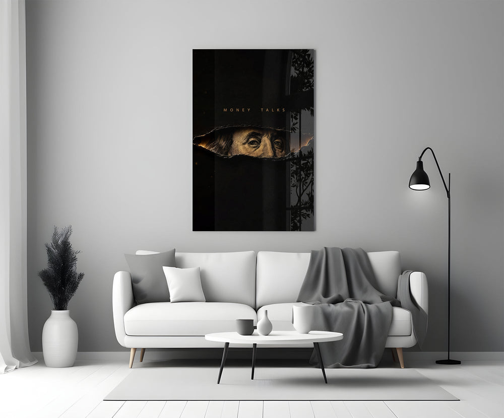 money talks torn dollar bill eyes panel bringing character to a minimalist living room wall