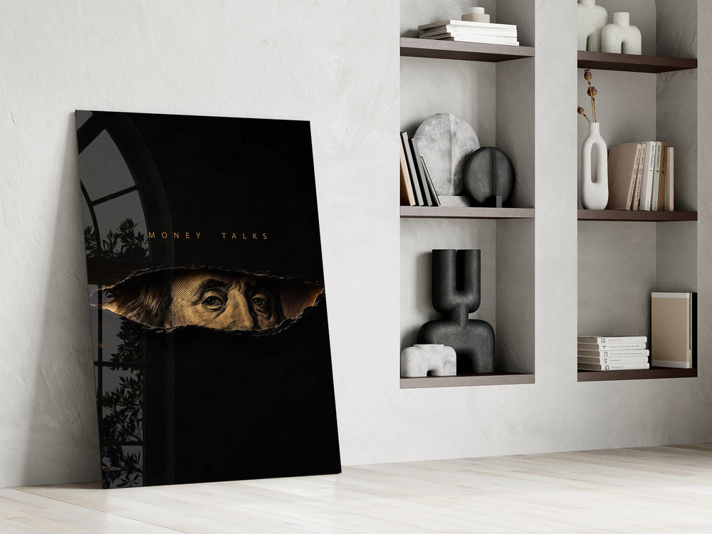 money talks torn dollar bill eyes panel resting in a shelving niche in a modern interior