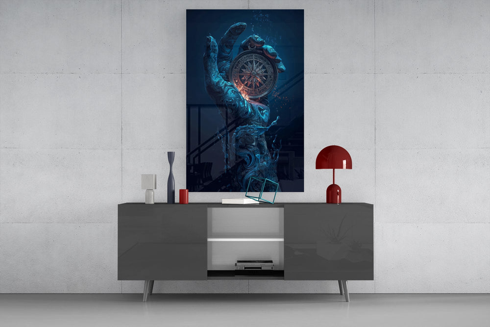 liquid water hand holding an ornate compass glass wall art displayed above a console in a designer interior
