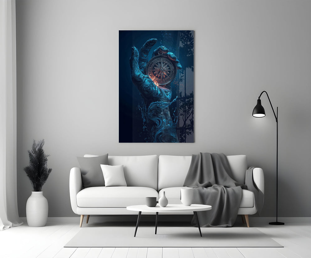 liquid water hand holding an ornate compass panel bringing character to a minimalist living room wall