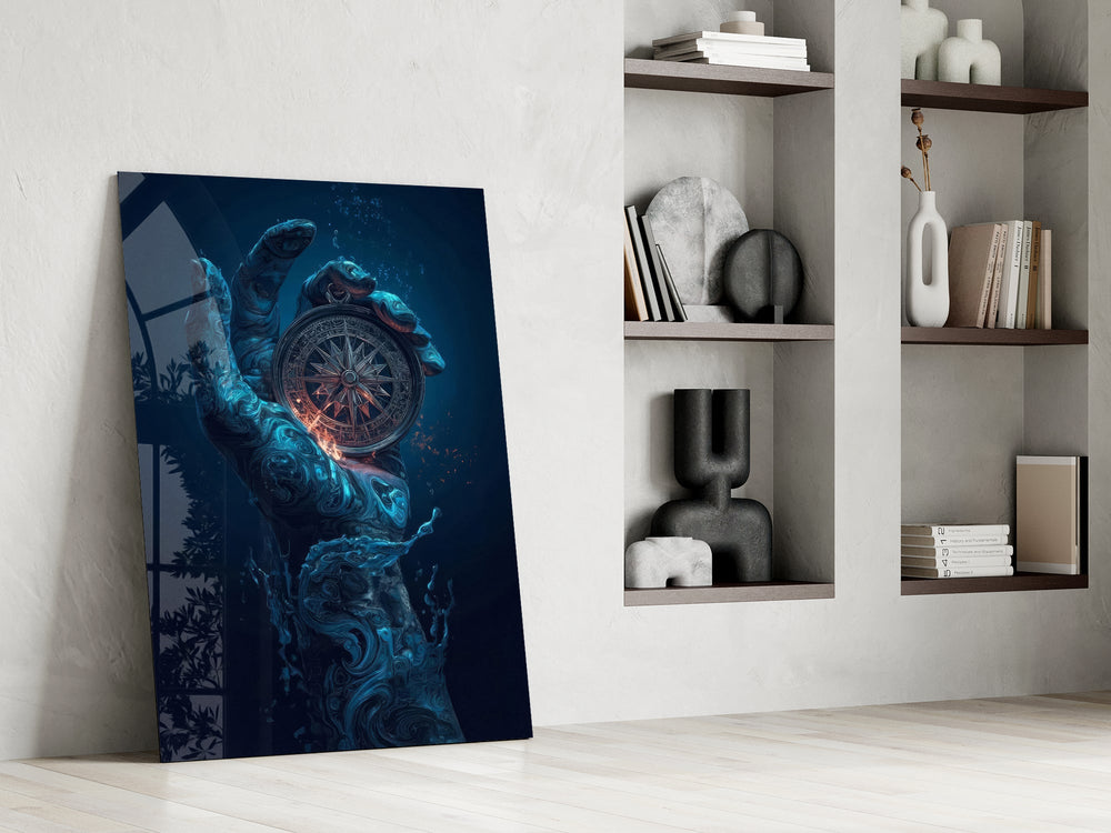liquid water hand holding an ornate compass panel resting in a shelving niche in a modern interior