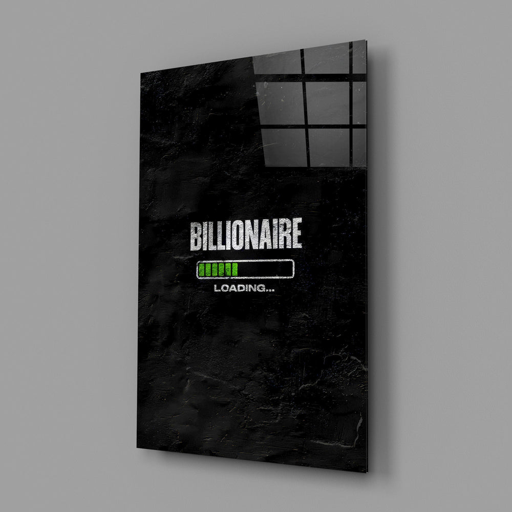 billionaire loading progress bar glass wall art angled to show the polished tempered glass panel