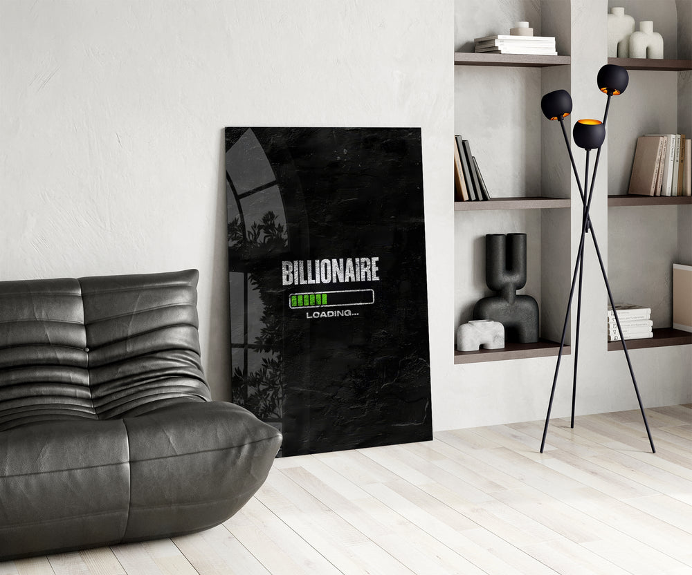 billionaire loading progress bar glass wall art leaning beside a dark leather sofa