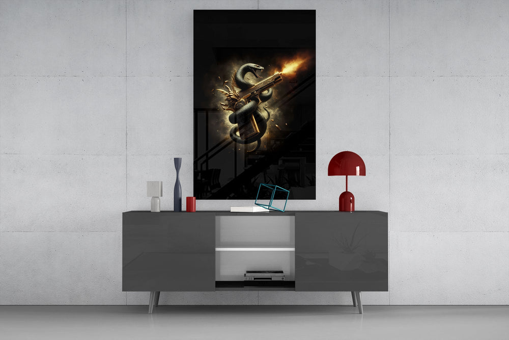 golden pistol wrapped by a black serpent glass wall art displayed above a console in a designer interior