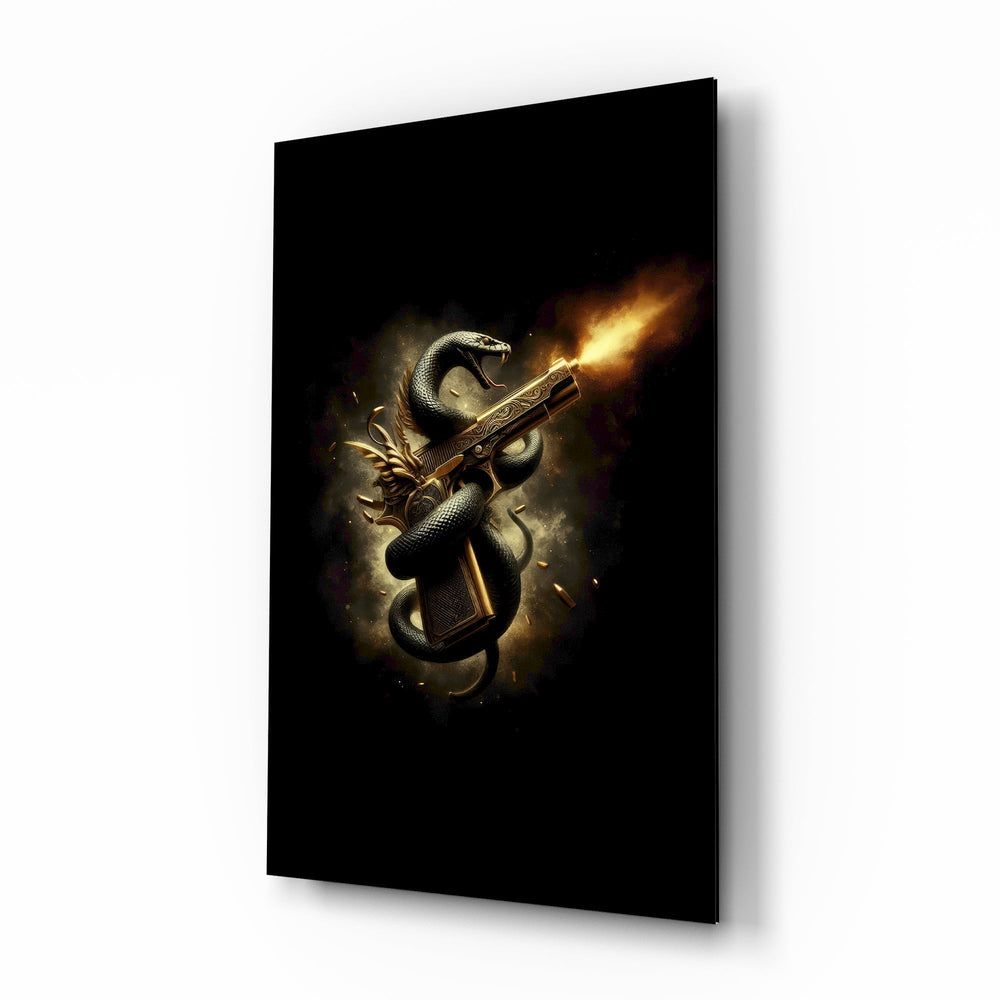 Golden Pistol and Black Serpent Glass Wall Art - Lifestyle preview in a designer interior