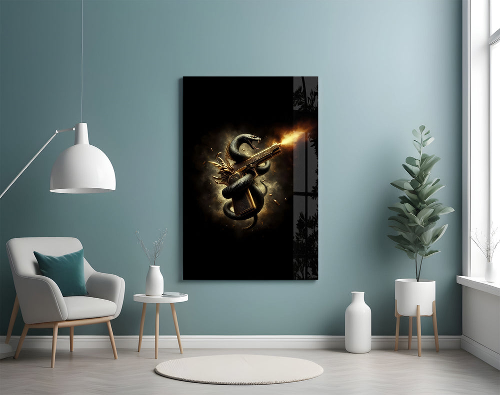 golden pistol wrapped by a black serpent glass wall art styled above an armchair in a reading corner
