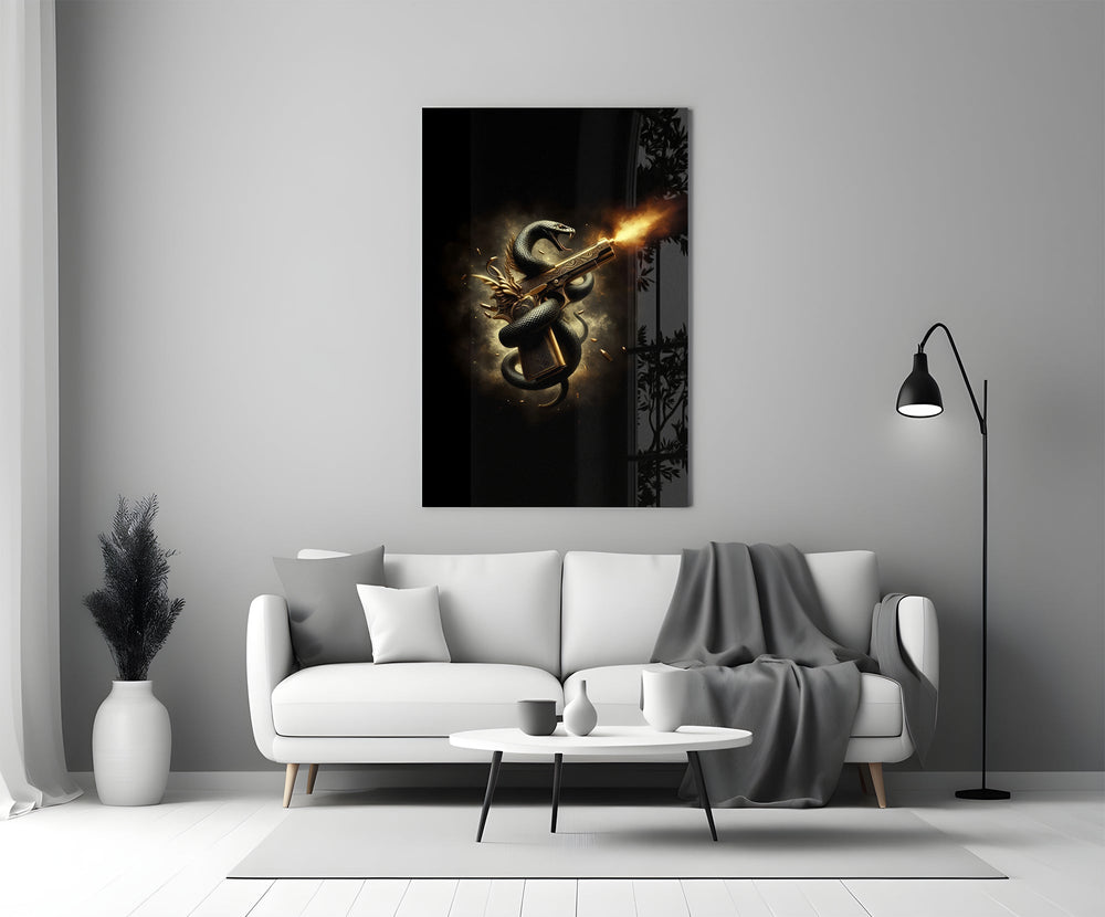 golden pistol wrapped by a black serpent panel bringing character to a minimalist living room wall