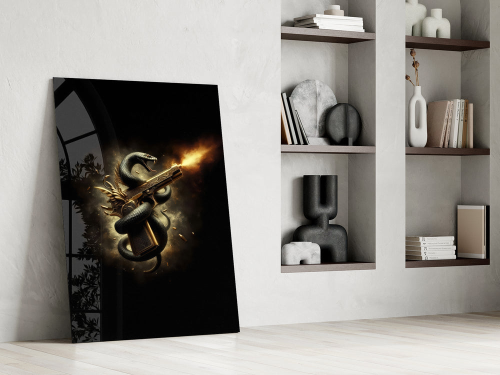golden pistol wrapped by a black serpent panel resting in a shelving niche in a modern interior