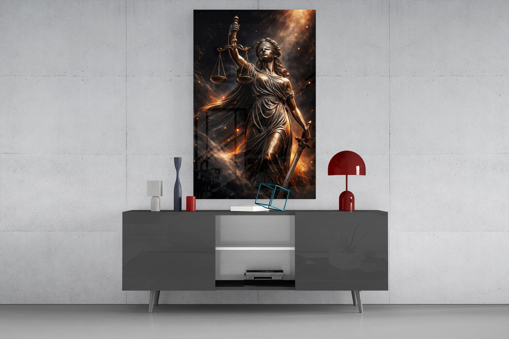 blindfolded Lady Justice with scales and sword glass wall art displayed above a console in a designer interior
