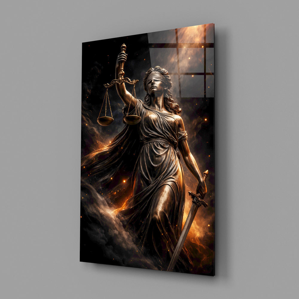 blindfolded Lady Justice with scales and sword glass wall art angled to show the polished tempered glass panel