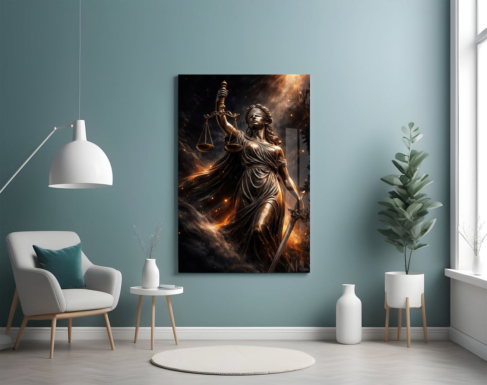 blindfolded Lady Justice with scales and sword glass wall art styled above an armchair in a reading corner