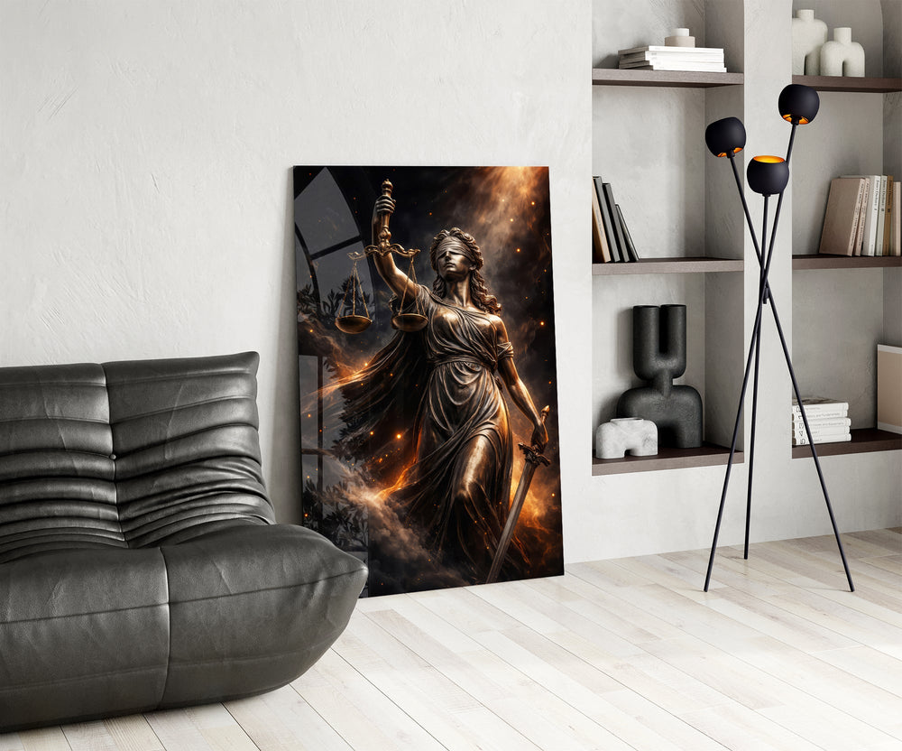 blindfolded Lady Justice with scales and sword glass wall art leaning beside a dark leather sofa