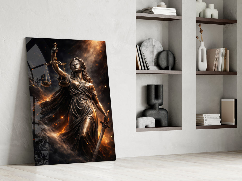 blindfolded Lady Justice with scales and sword panel resting in a shelving niche in a modern interior