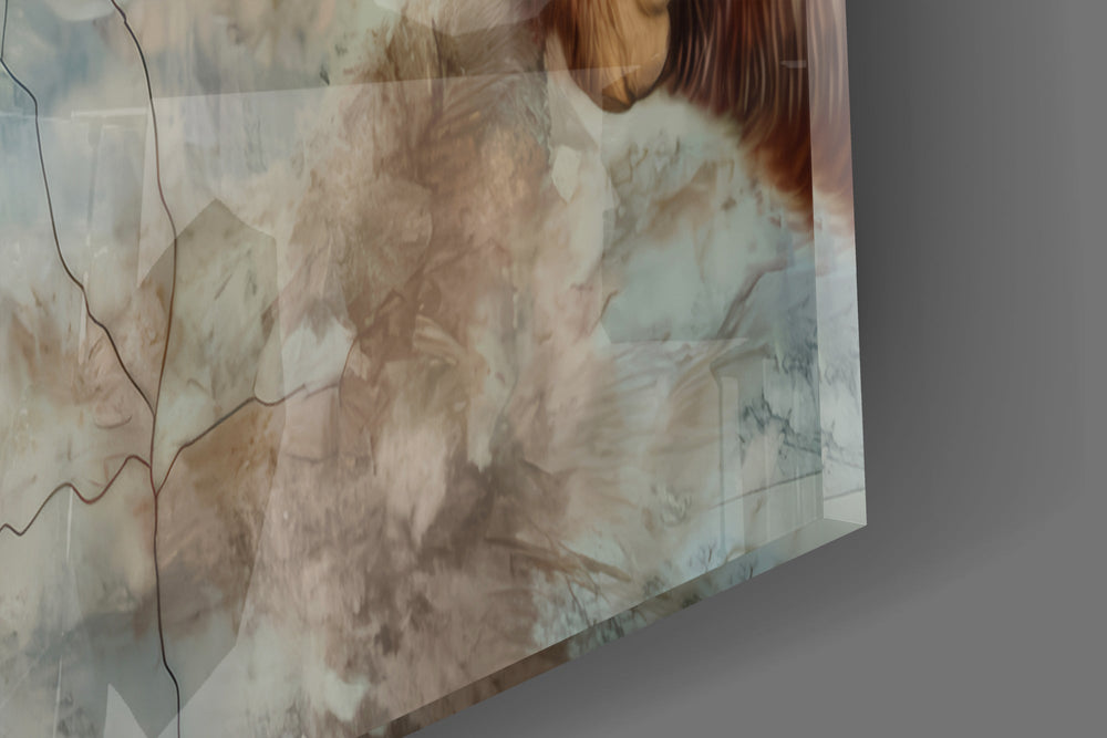 Close-up detail of the almost-touching fingertip and kitten paw over cracked fresco plaster on the glass surface