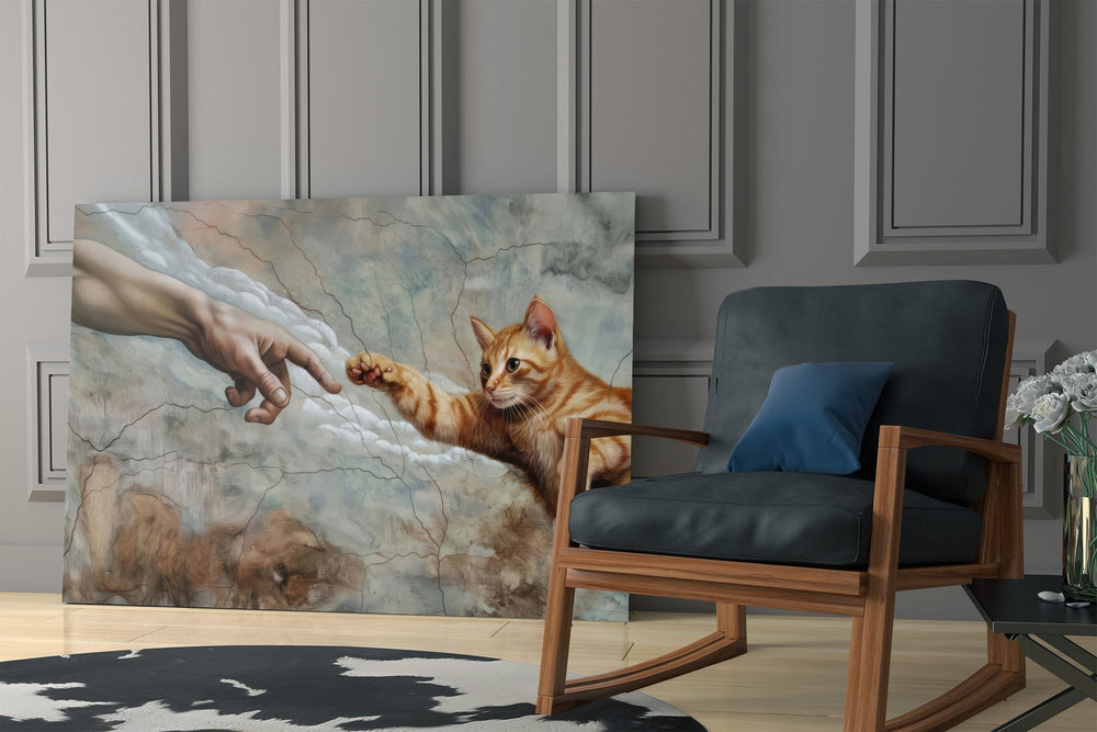 ginger kitten reaching a paw to a human hand panel resting in a shelving niche in a modern interior