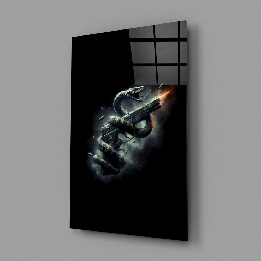 a serpent coiled around a firing pistol glass wall art angled to show the polished tempered glass panel