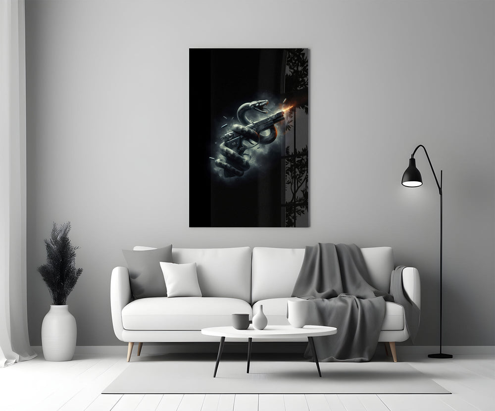 a serpent coiled around a firing pistol panel bringing character to a minimalist living room wall