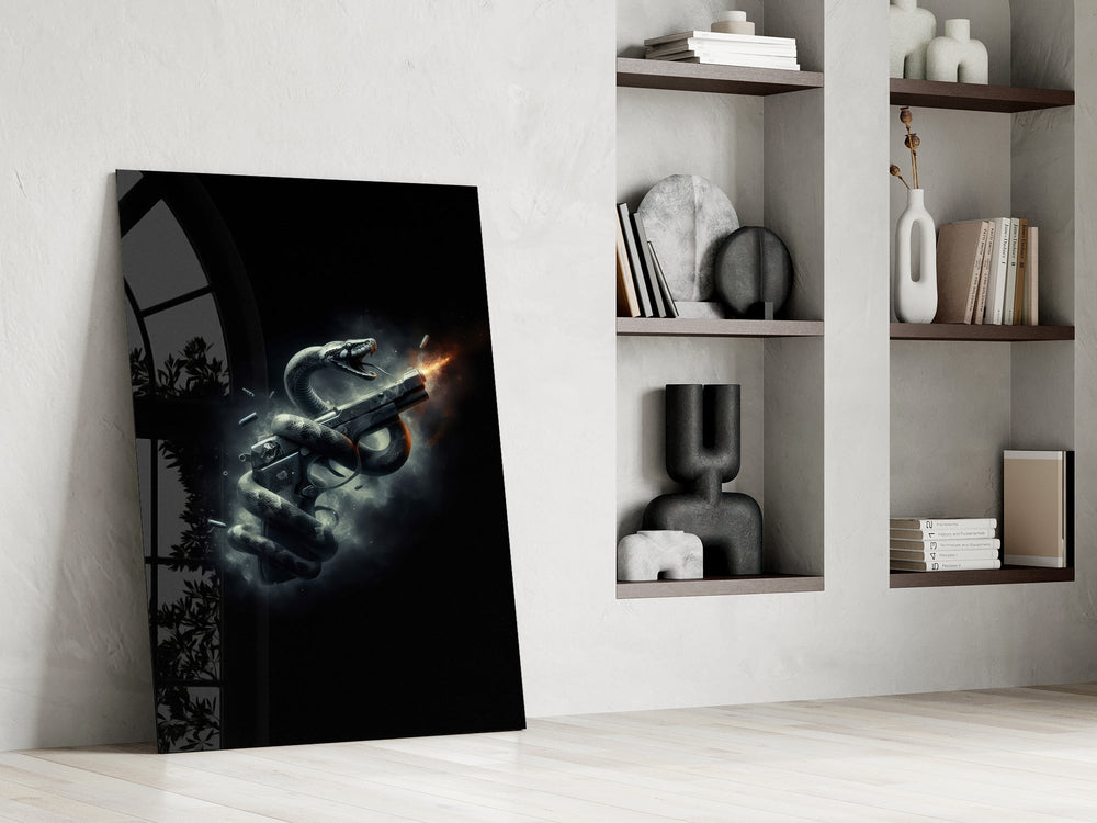a serpent coiled around a firing pistol panel resting in a shelving niche in a modern interior