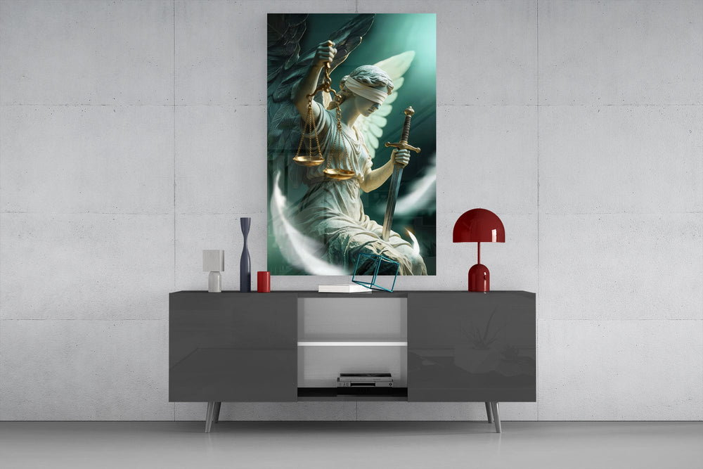 a winged blindfolded figure of justice glass wall art displayed above a console in a designer interior