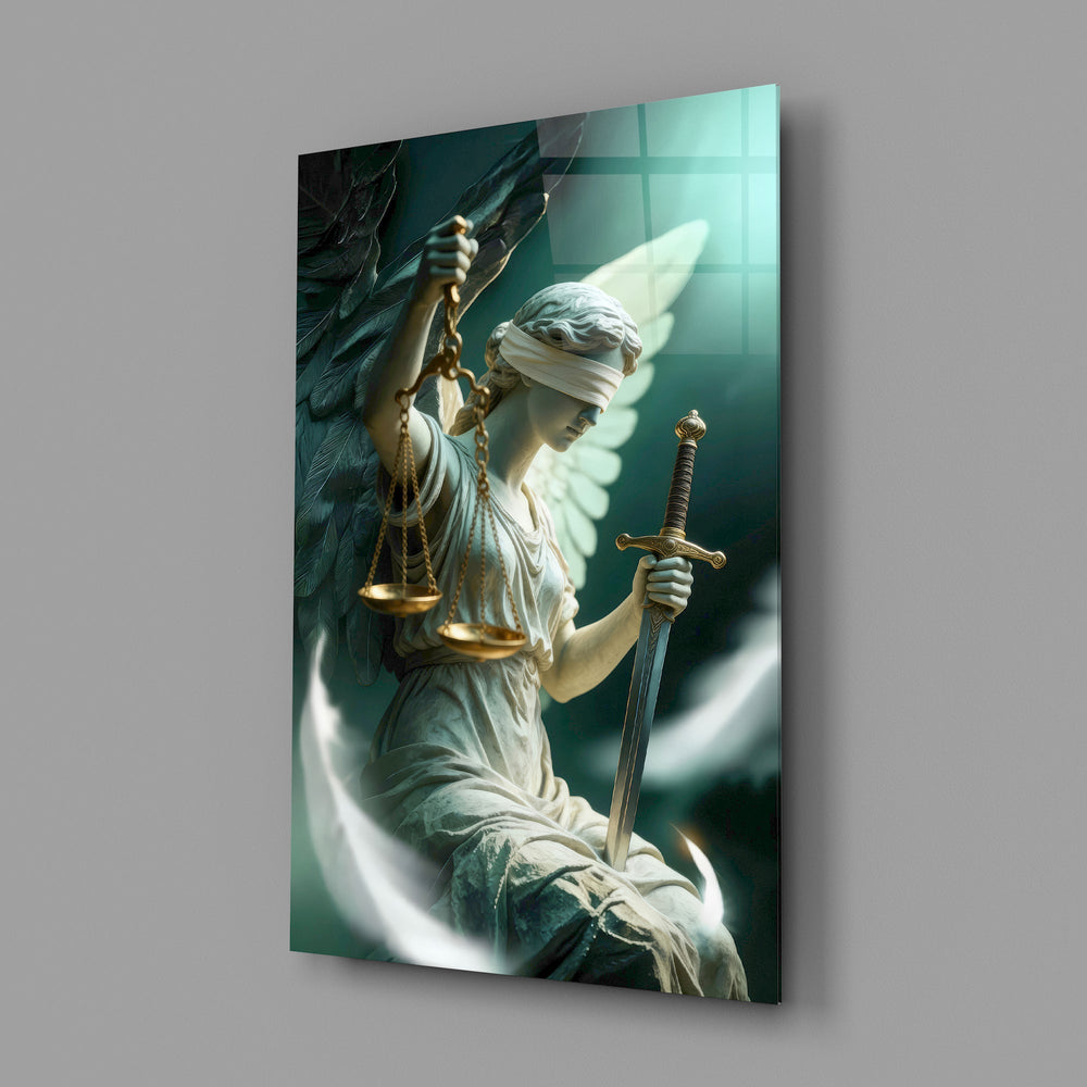 a winged blindfolded figure of justice glass wall art angled to show the polished tempered glass panel