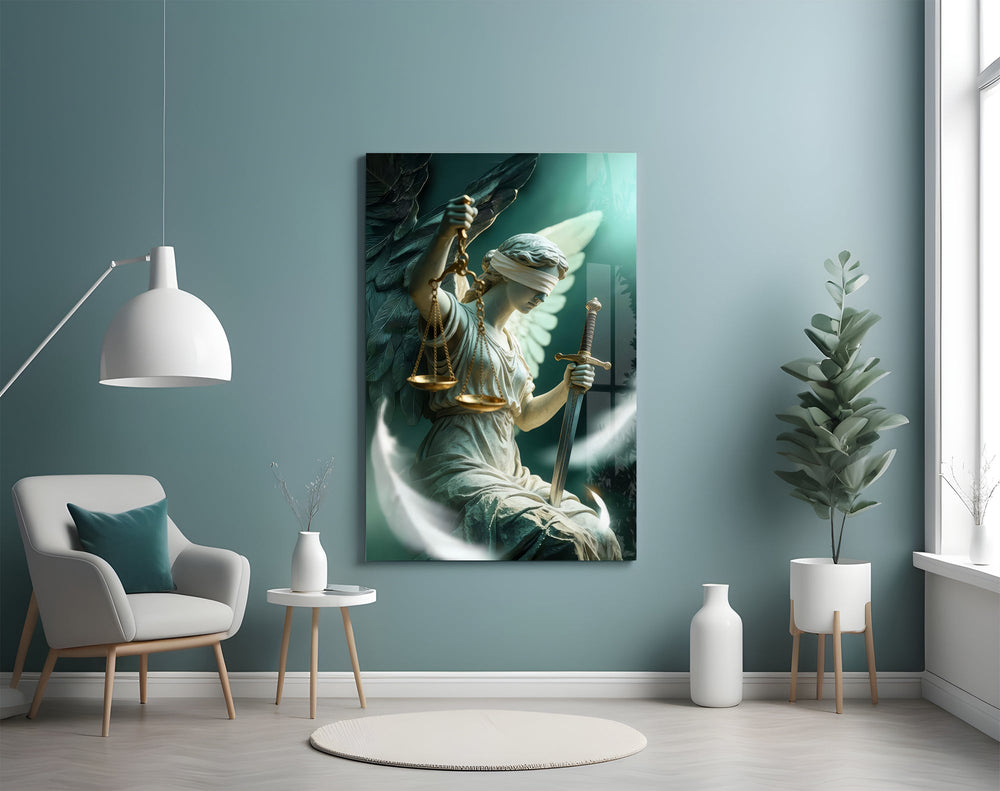 a winged blindfolded figure of justice glass wall art styled above an armchair in a reading corner