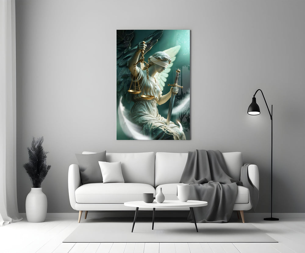 a winged blindfolded figure of justice panel bringing character to a minimalist living room wall