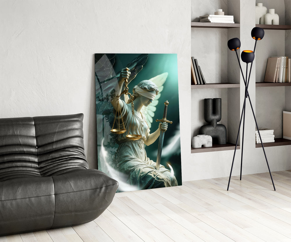 a winged blindfolded figure of justice glass wall art leaning beside a dark leather sofa