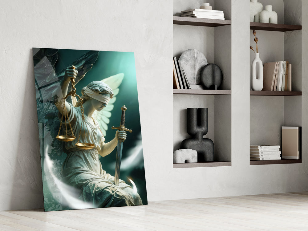 a winged blindfolded figure of justice panel resting in a shelving niche in a modern interior