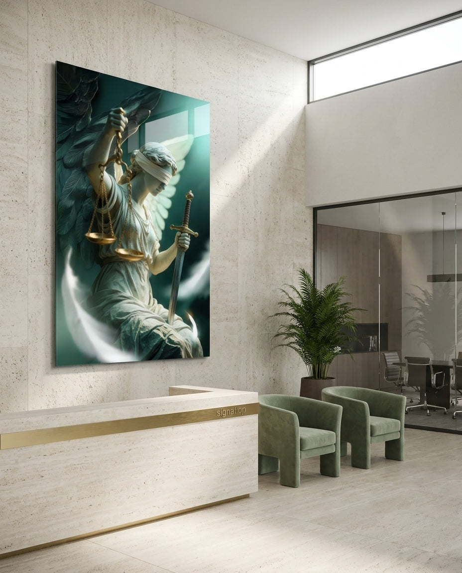 Winged Blindfolded Lady Justice Glass Wall Art