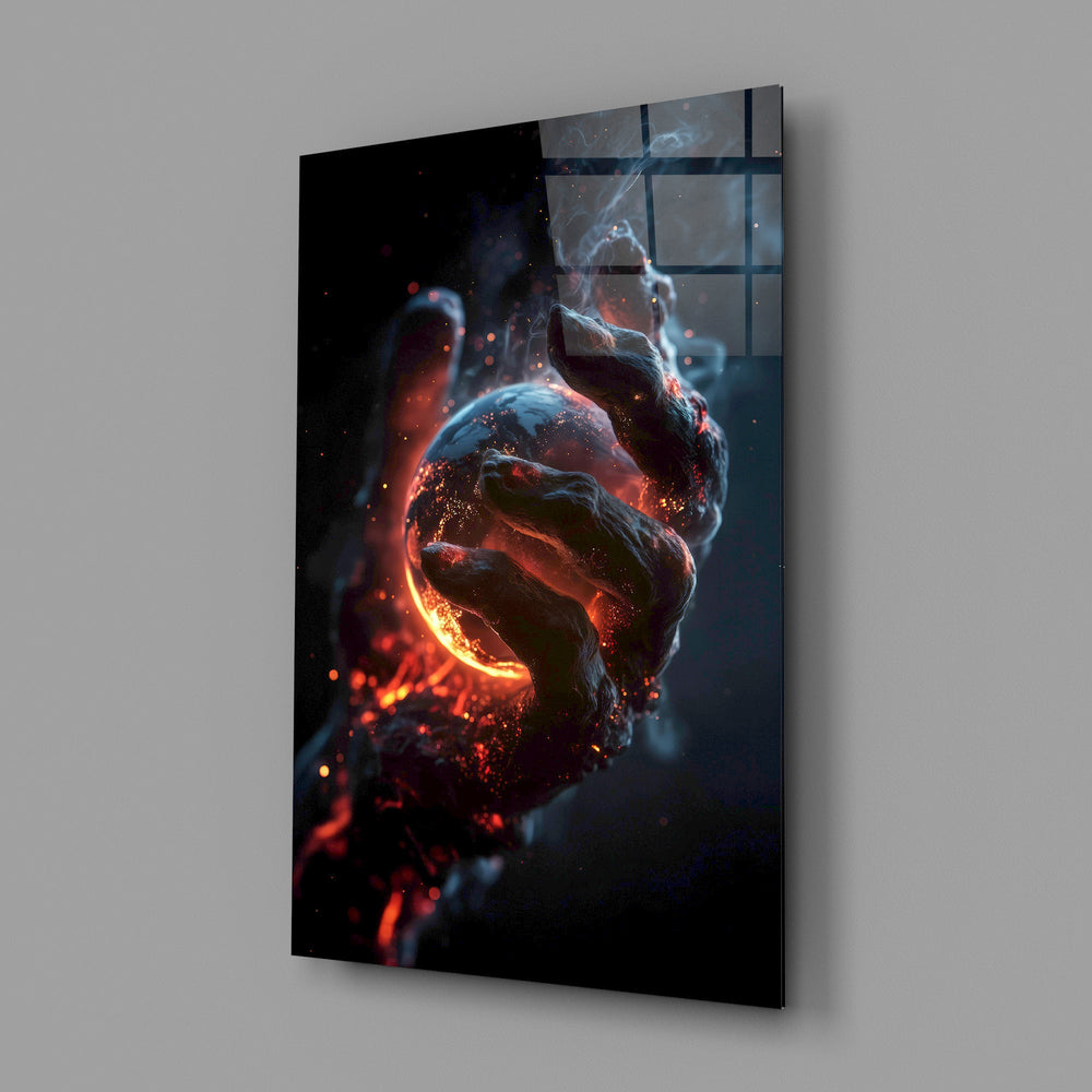 a molten stone hand cradling a glowing planet glass wall art angled to show the polished tempered glass panel