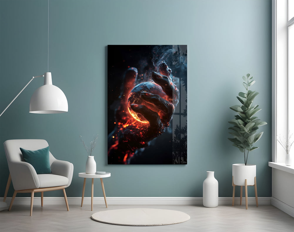 a molten stone hand cradling a glowing planet glass wall art styled above an armchair in a reading corner