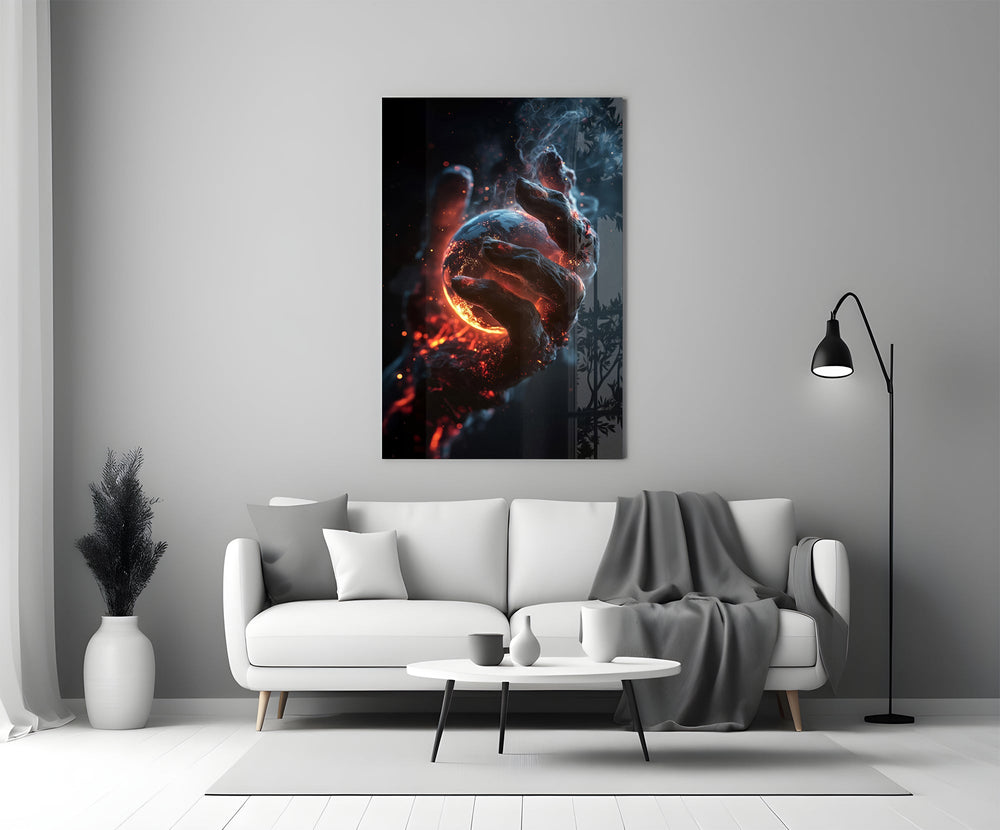 a molten stone hand cradling a glowing planet panel bringing character to a minimalist living room wall