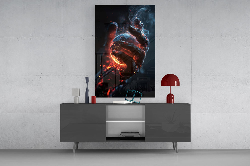 a molten stone hand cradling a glowing planet glass wall art displayed above a console in a designer interior