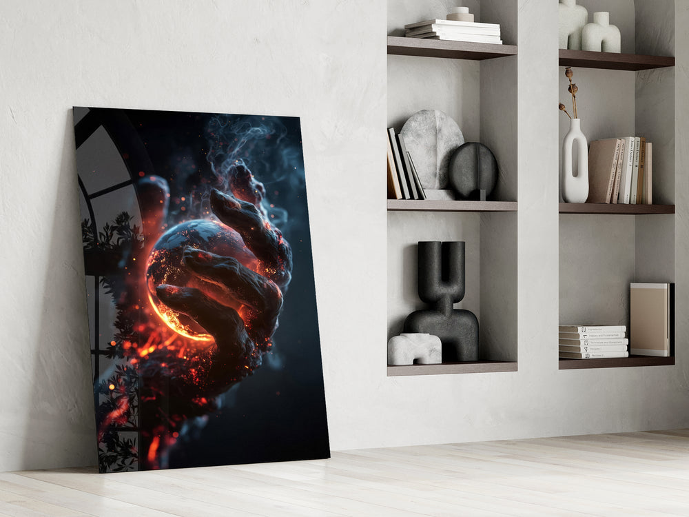 a molten stone hand cradling a glowing planet panel resting in a shelving niche in a modern interior