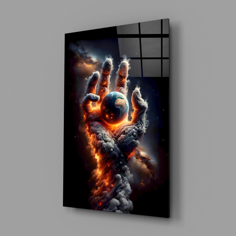 a hand of smoke and fire cradling planet earth glass wall art angled to show the polished tempered glass panel