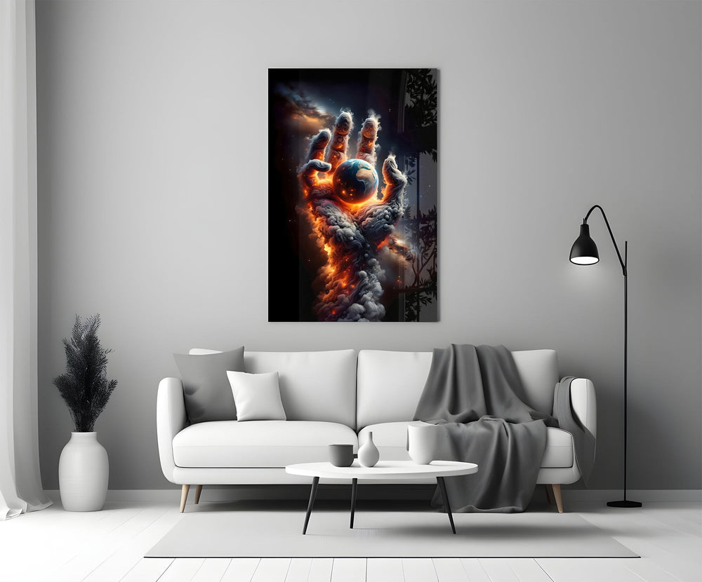 a hand of smoke and fire cradling planet earth panel bringing character to a minimalist living room wall