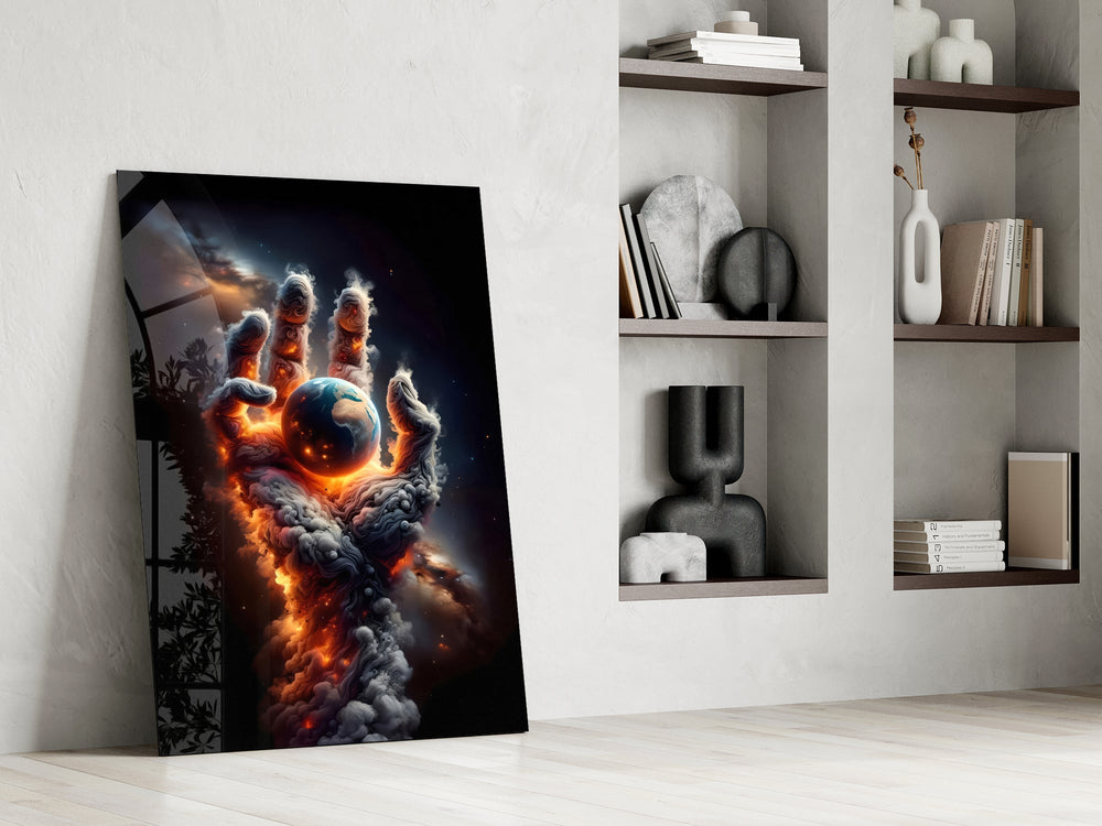 a hand of smoke and fire cradling planet earth panel resting in a shelving niche in a modern interior